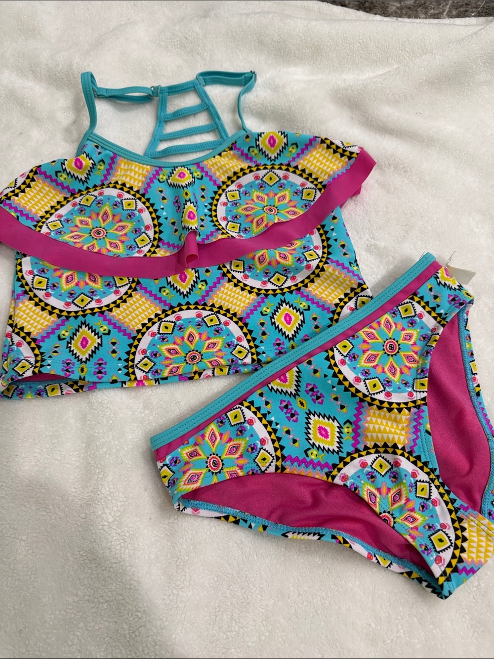 YMI Girls Turquoise & Hot Pink Patterned Two-Piece Swim Set
